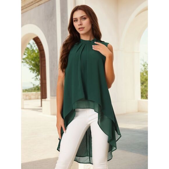 Casual Tie Back Asymmetrical Sleeveless Mock Neck Flowy Blouse Tops Dark Green - Picture 2 of 6